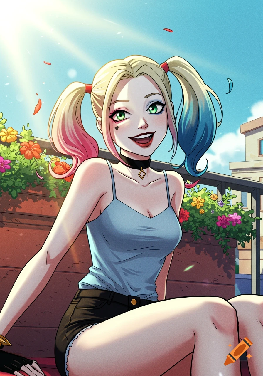 Cartoon of a woman resembling Harley Quinn with blonde and colored pigtails, blue tank top, smiling on a sunny balcony.