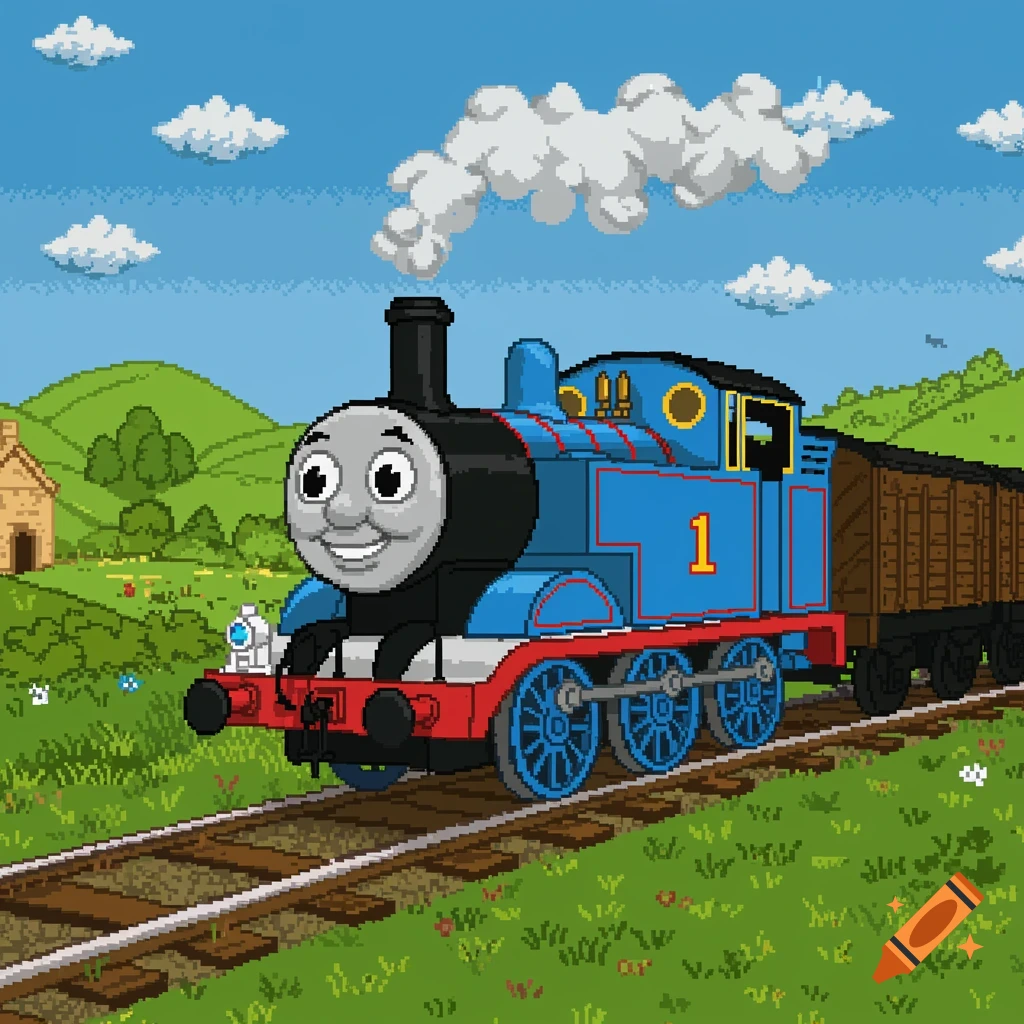 A pixel art image of Thomas the Tank Engine, a blue train with the number 1, chugging along tracks in a green, hilly landscape under a blue sky with white clouds.