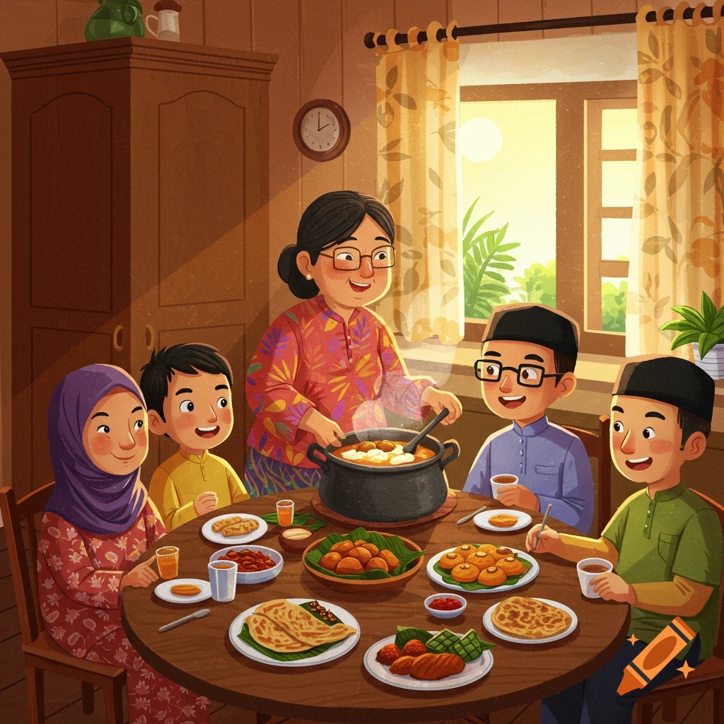 An illustration of a family having a meal together around a wooden table in a warm, sunny room.