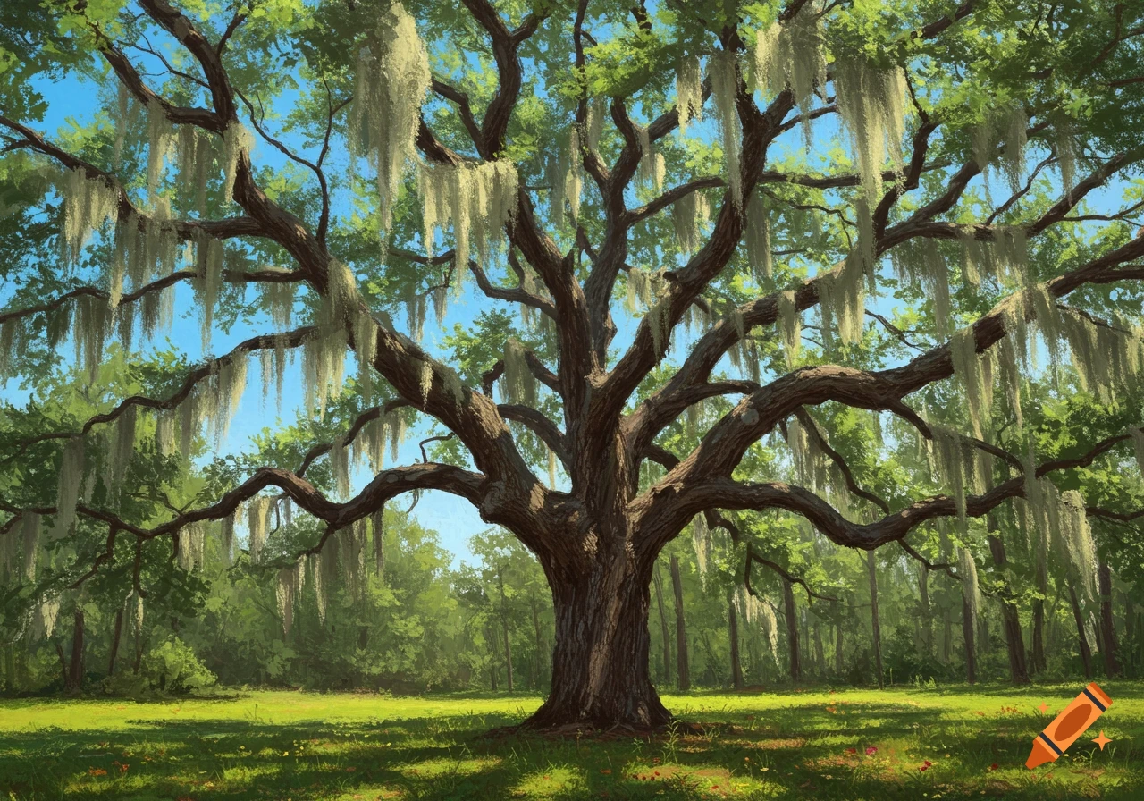 A majestic southern live oak tree covered in Spanish moss stands in a sunlit grassy field.
