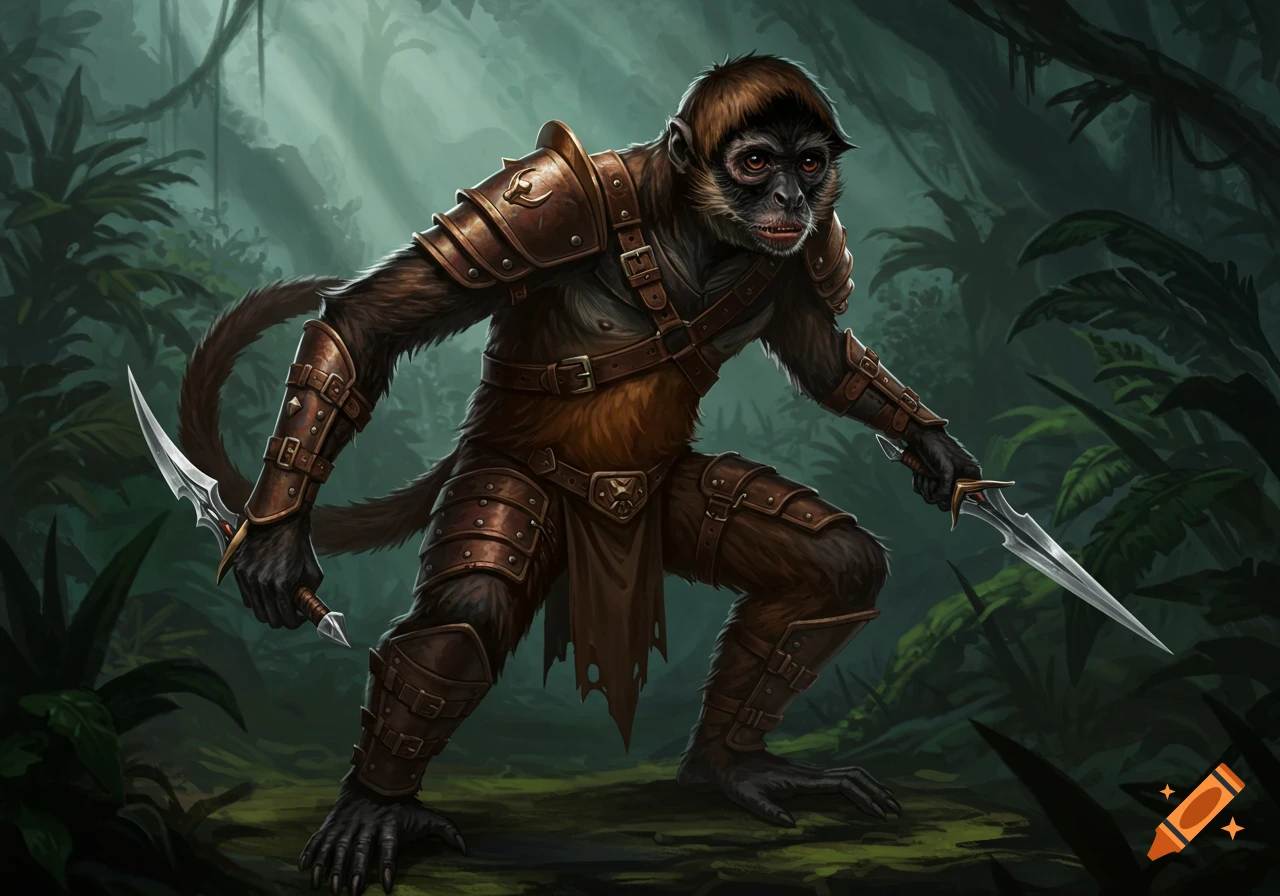 A detailed fantasy illustration of a spider monkey in brown leather armor holding two daggers in a dark jungle.