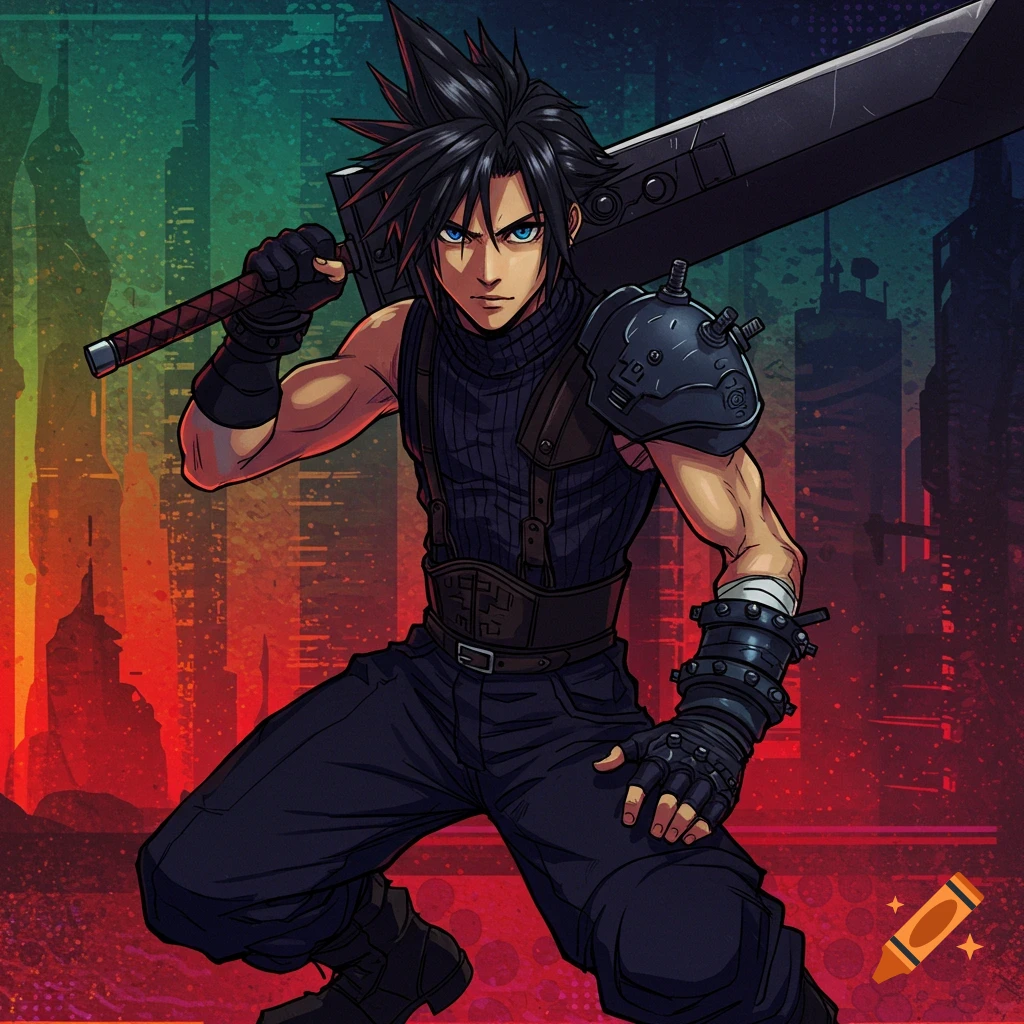 Anime-style portrait of Cloud Strife from Final Fantasy, holding a large buster sword over his shoulder against a cityscape background.