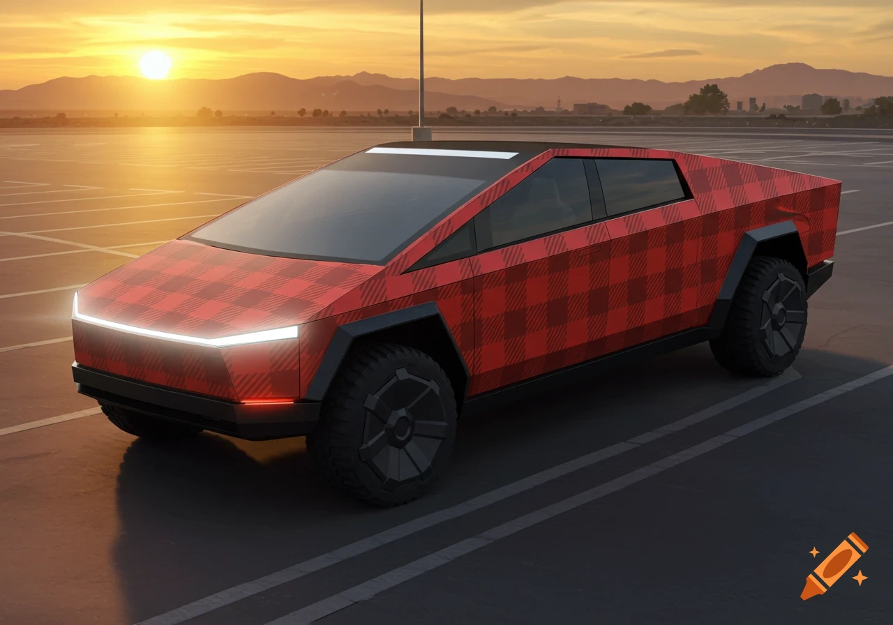 A Tesla Cybertruck wrapped in red and black buffalo plaid, parked on an asphalt lot at sunset.
