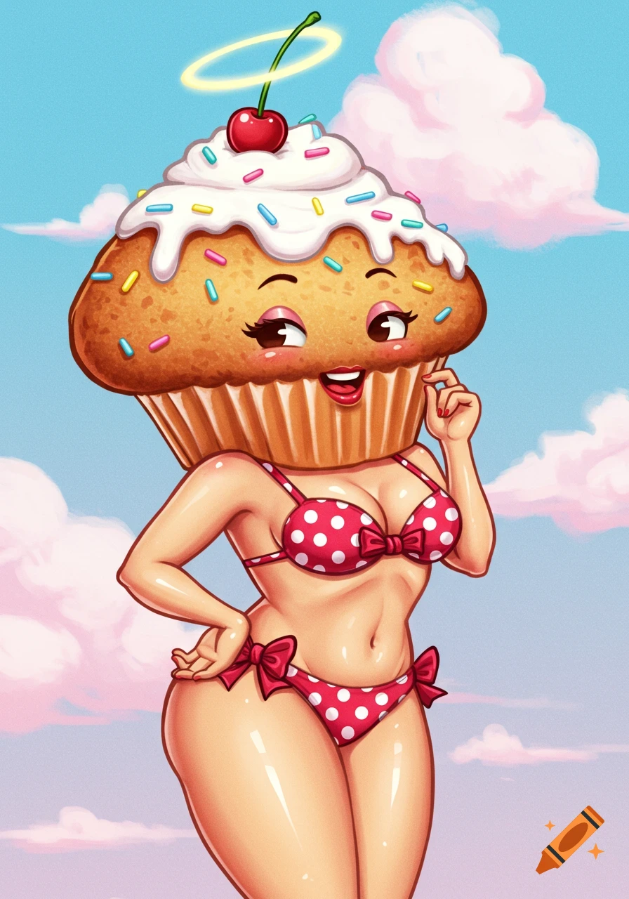 A cartoon character with a muffin head, white frosting, and sprinkles, wearing a red polka-dot bikini, in a pinup pose against a blue sky with pink clouds.