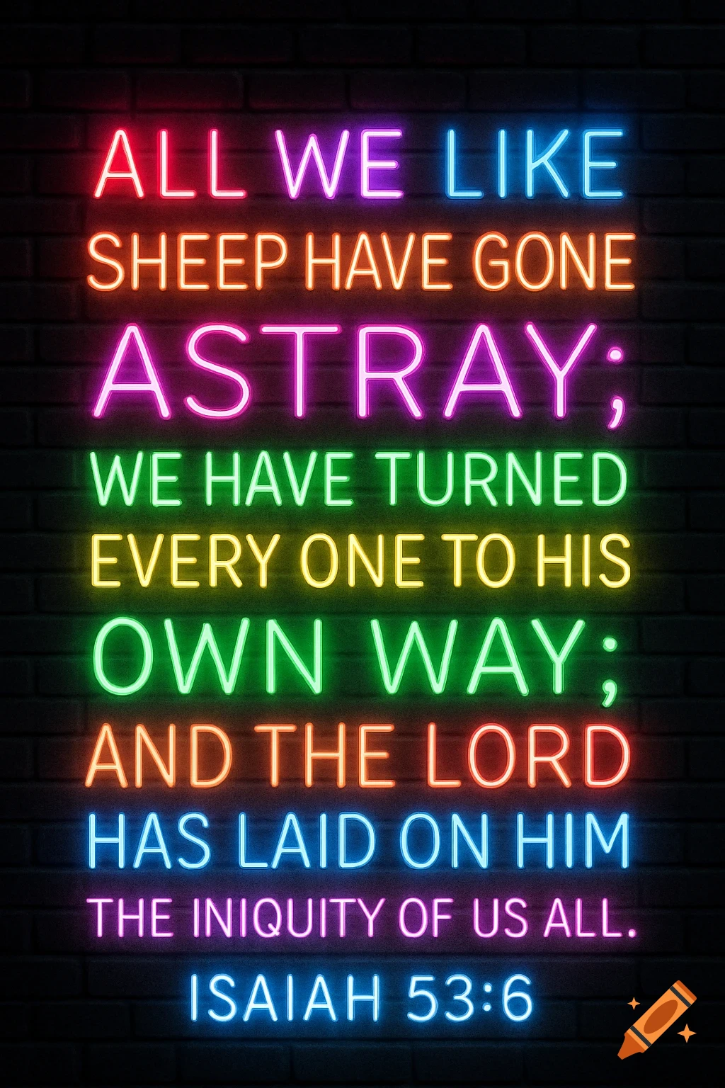 Bright rainbow neon lights display the Bible verse Isaiah 53:6 on a dark brick wall.