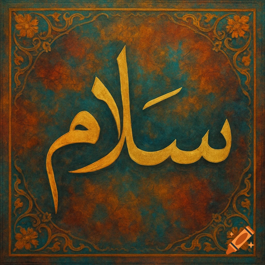 Golden Arabic calligraphy for 'Salaam' on a textured teal and orange background with decorative borders.
