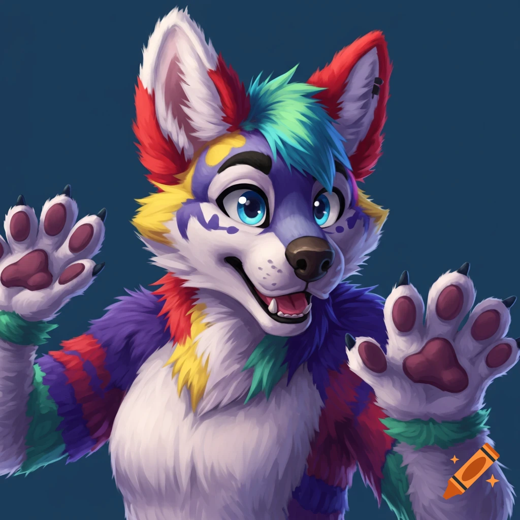 A vibrant, colorful anthropomorphic wolf character with blue eyes and rainbow-colored fur waves.