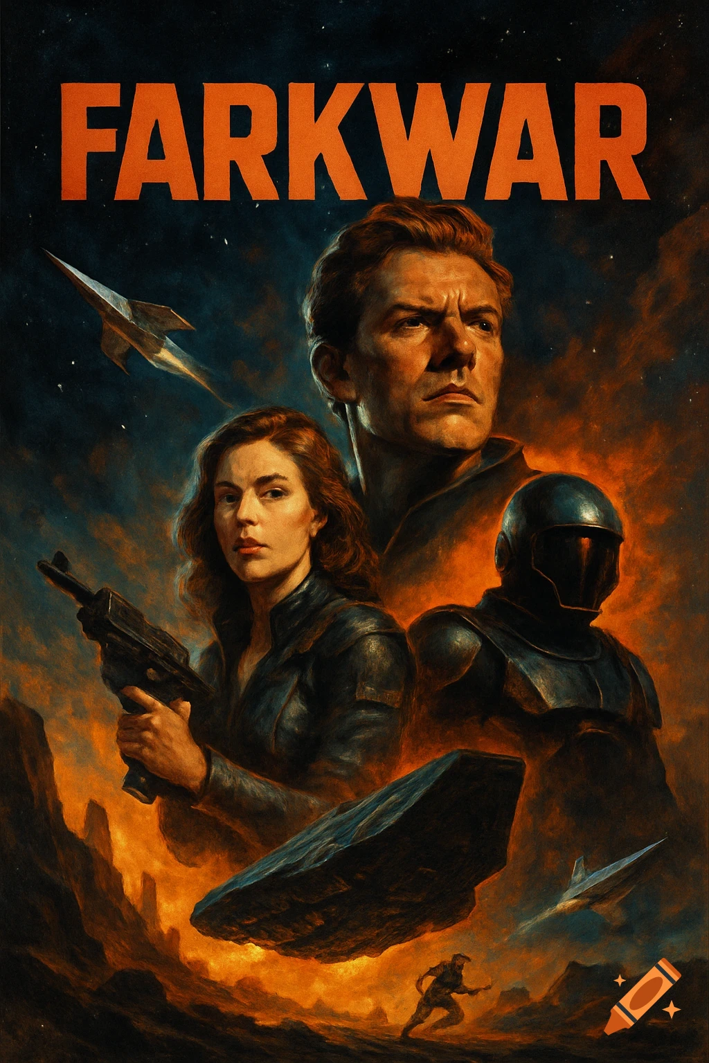 A dramatic sci-fi movie poster for "FARKWAR" featuring a stern man, a woman with a gun, and an armored figure against a fiery alien landscape with spaceships.