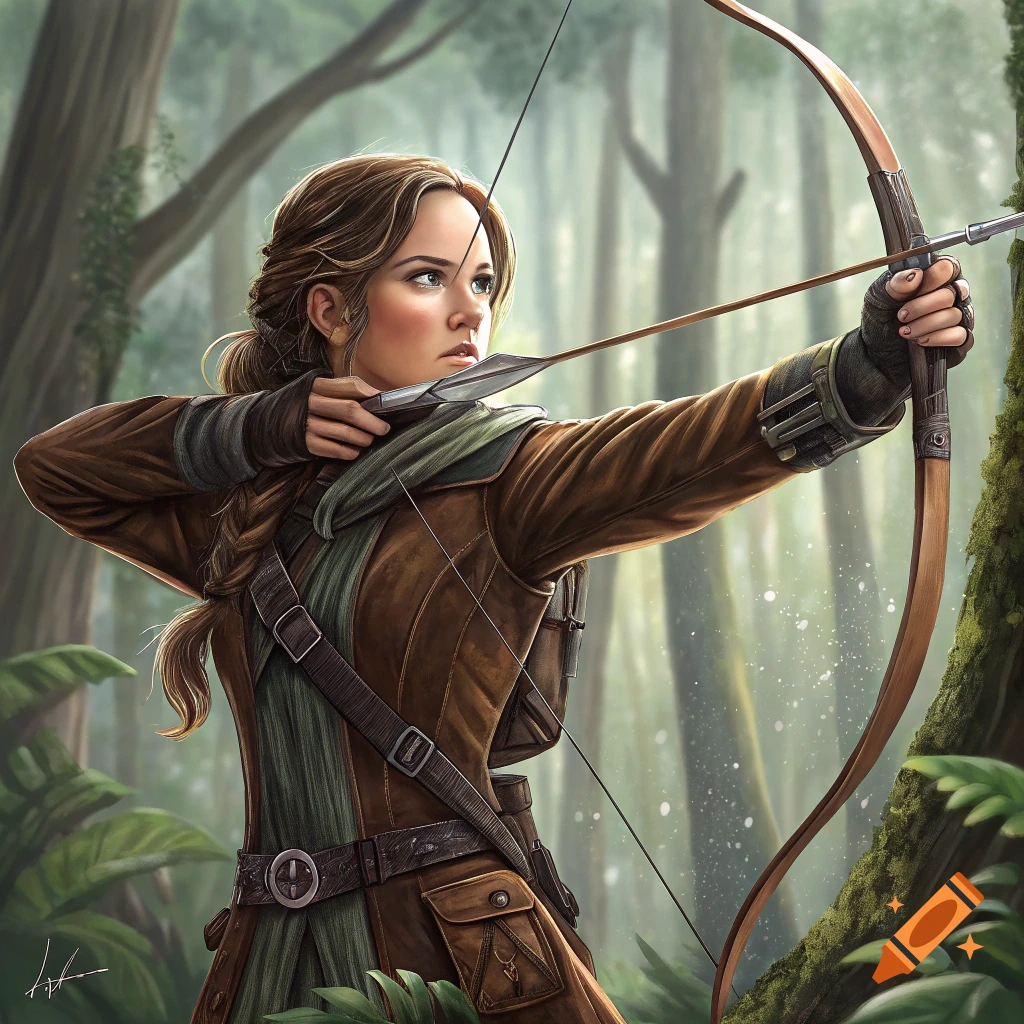 A detailed illustration of a female archer aiming a bow and arrow in a lush green forest.