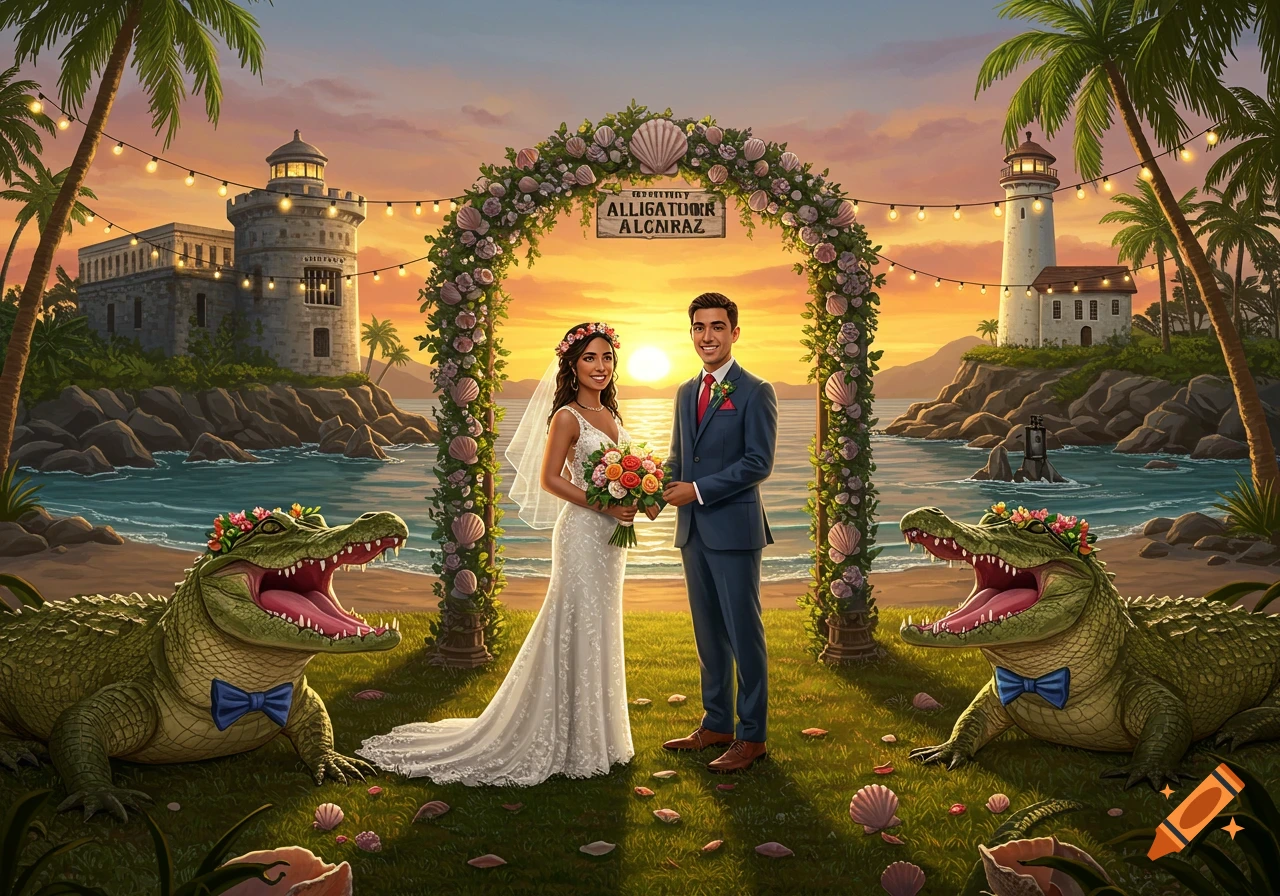A whimsical wedding scene at sunset on a tropical island with a bride and groom under a floral arch, flanked by alligators wearing bow ties and flower crowns.