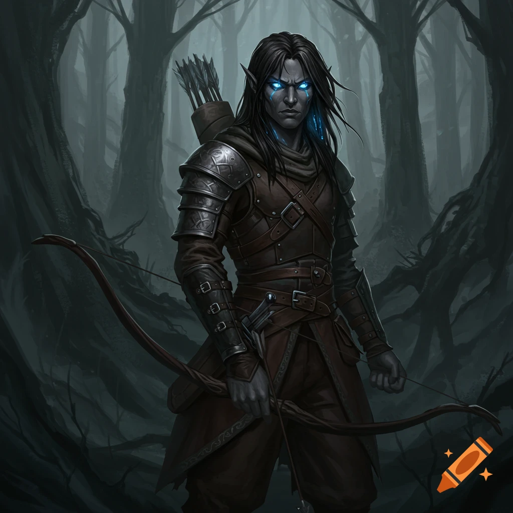 A male dark elf ranger with glowing blue eyes, dressed in leather armor and holding a bow, stands in a misty, dark forest.