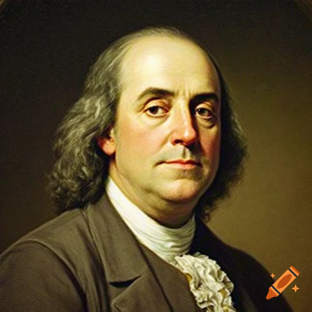 A painted portrait of Benjamin Franklin looking forward.