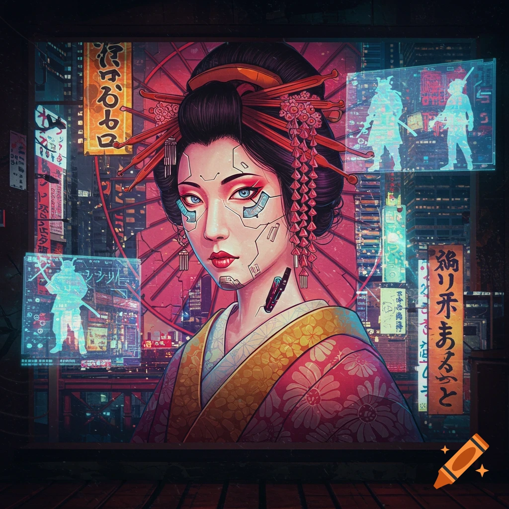 A stylized portrait of a woman with cybernetic facial implants and blue eyes, styled like a geisha, against a neon-lit cyberpunk cityscape with holographic figures.