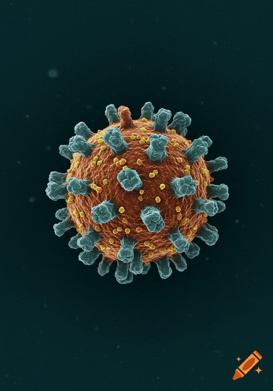 A detailed microscopic image of a virus, appearing as a spiky orange sphere with blue and yellow protrusions on a dark background.