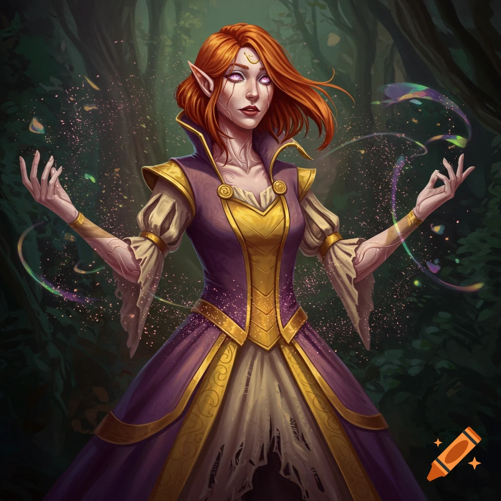 A red-haired fantasy woman with glowing eyes and pointed ears, wearing a purple and gold gown, casting magic in a dark forest.