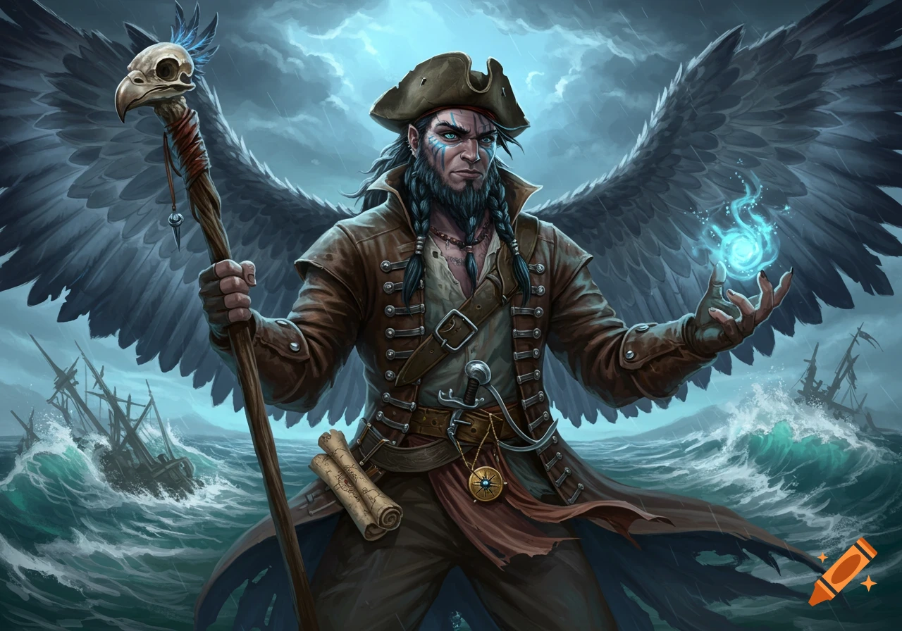 A winged male pirate shaman with a skull staff conjures blue magic on a stormy sea with sinking ships.