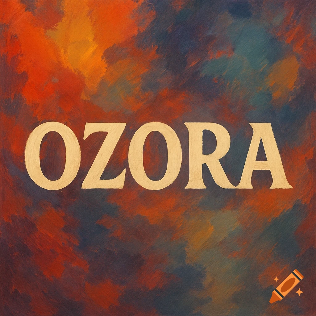 The word OZORA in gold serif font on an abstract background of red, orange, and blue painterly brushstrokes.
