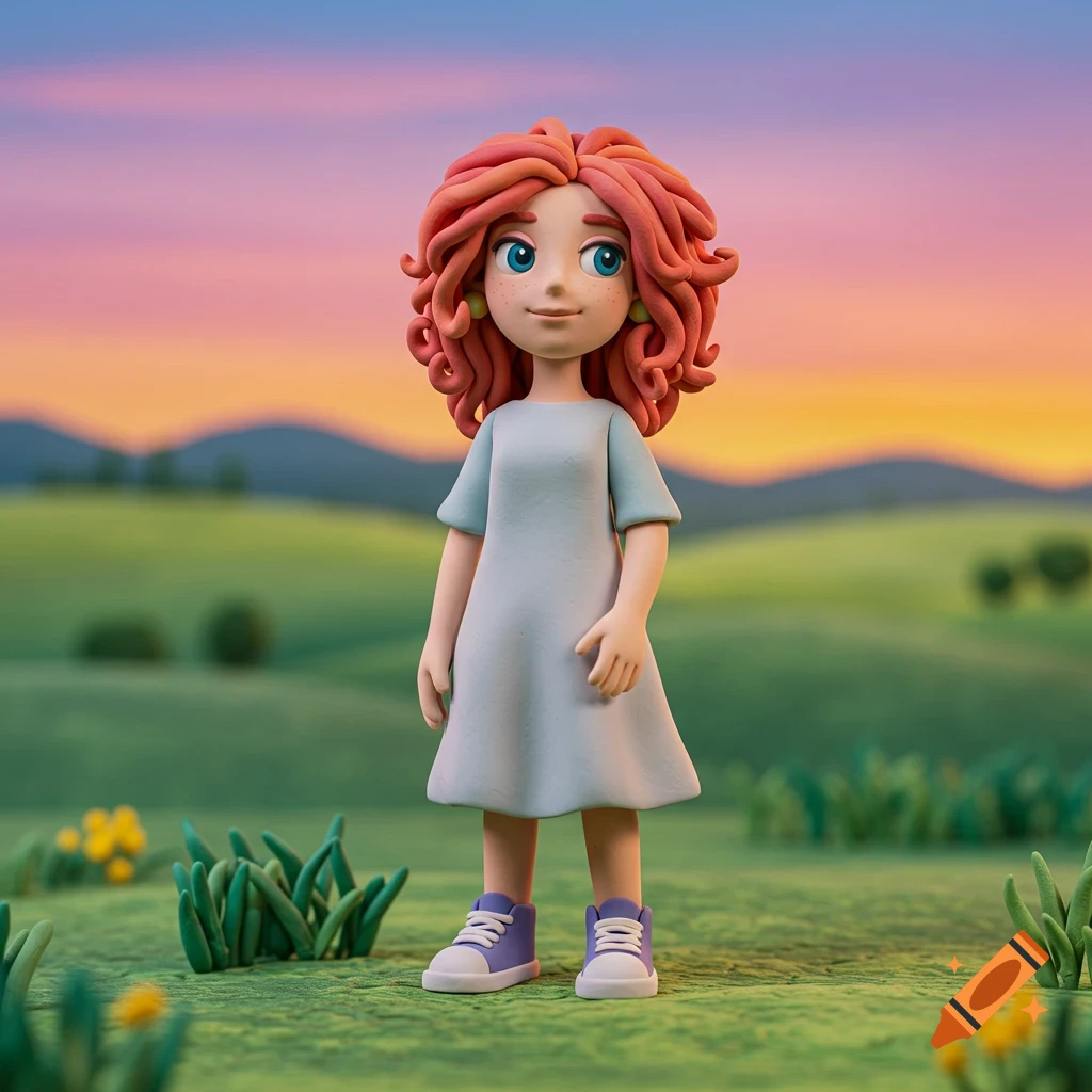 A claymation girl with red curly hair and a light blue dress stands in a grassy field with hills and a sunset sky in the background.