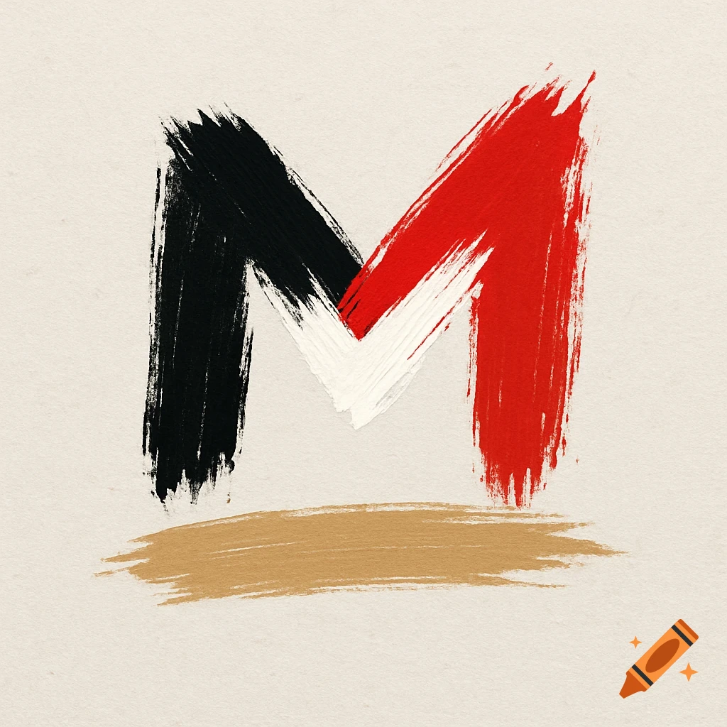 A letter M formed by bold brushstrokes in black, red, and white, with a tan brushstroke underneath, on a light textured background.