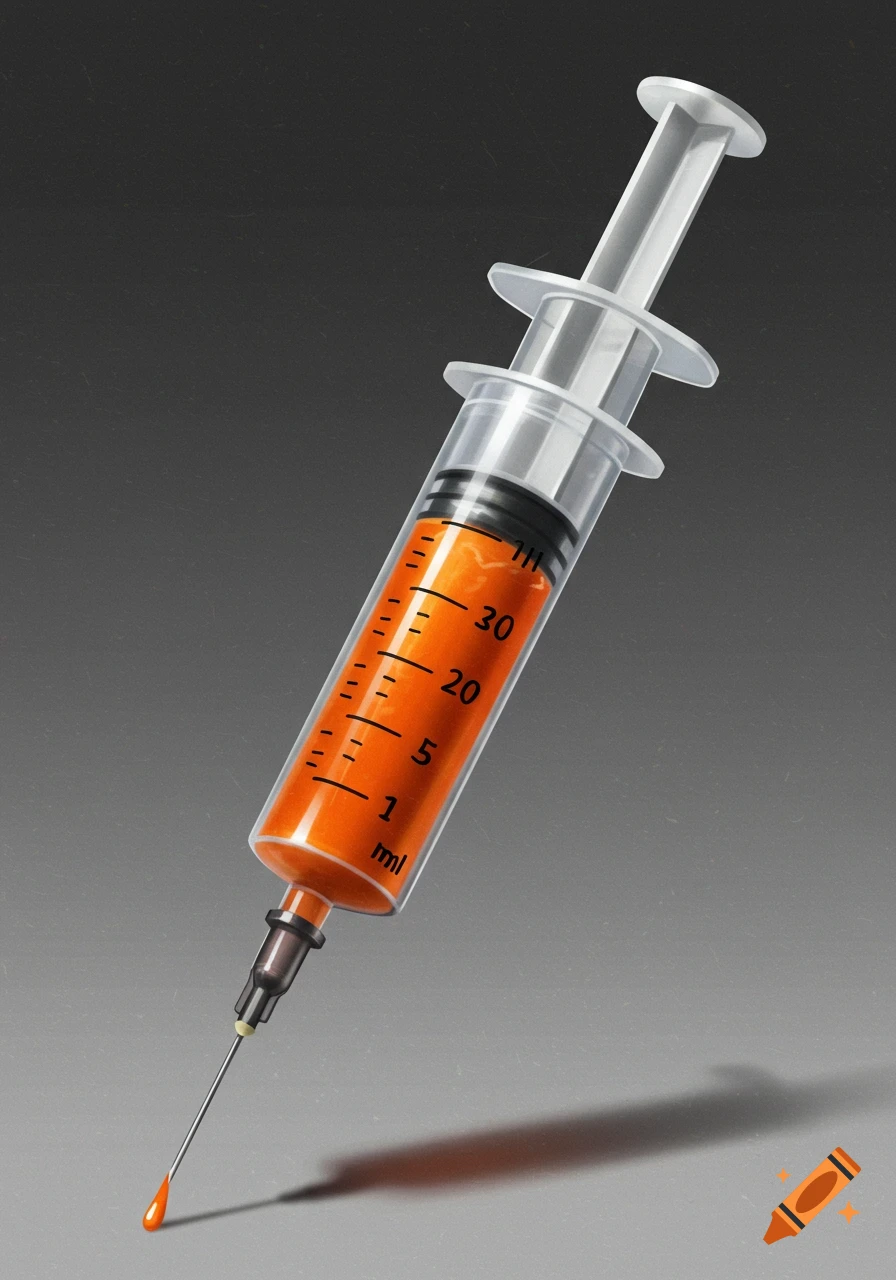 A close-up illustration of a syringe filled with orange liquid, with a drop on its needle tip, against a dark grey background.