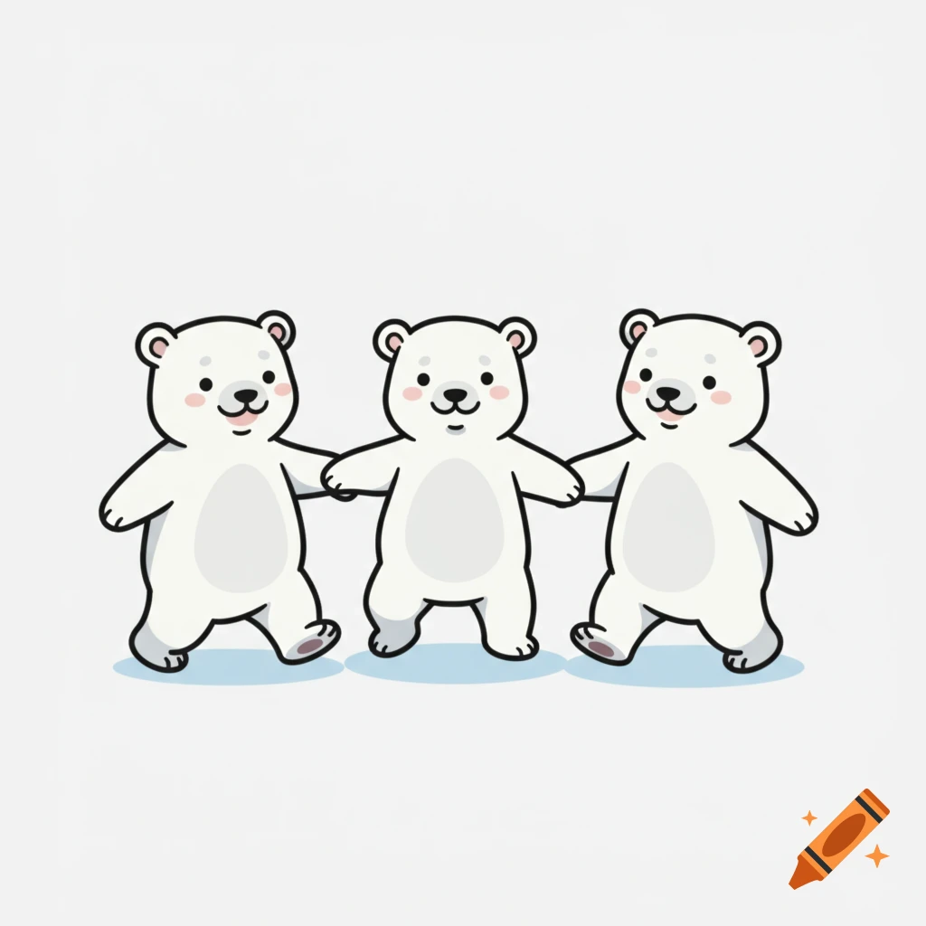 Three happy cartoon polar bears holding hands, walking in a line on a light background.