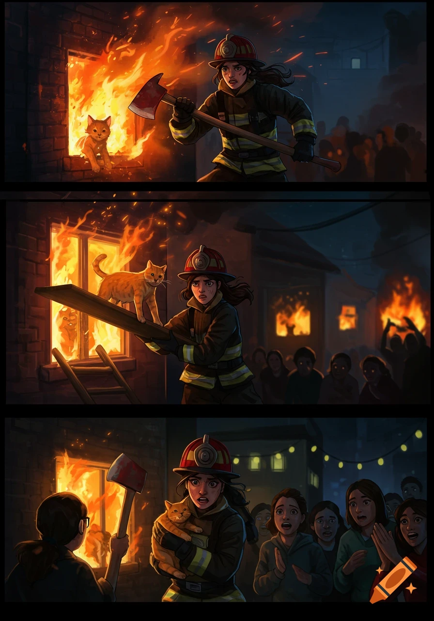 A cartoon-style triptych shows a female firefighter rescuing an orange cat from a burning building, cheered on by a crowd.
