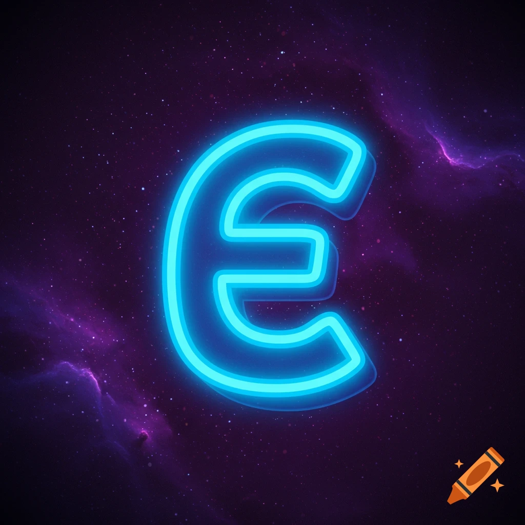 A neon blue letter E glowing against a dark starry sky with purple nebulas.