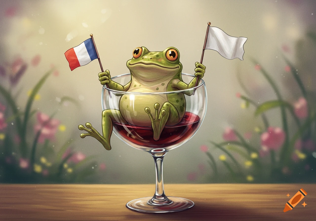 A cartoon frog sits in a wine glass, holding a French flag in one hand and a white flag in the other.