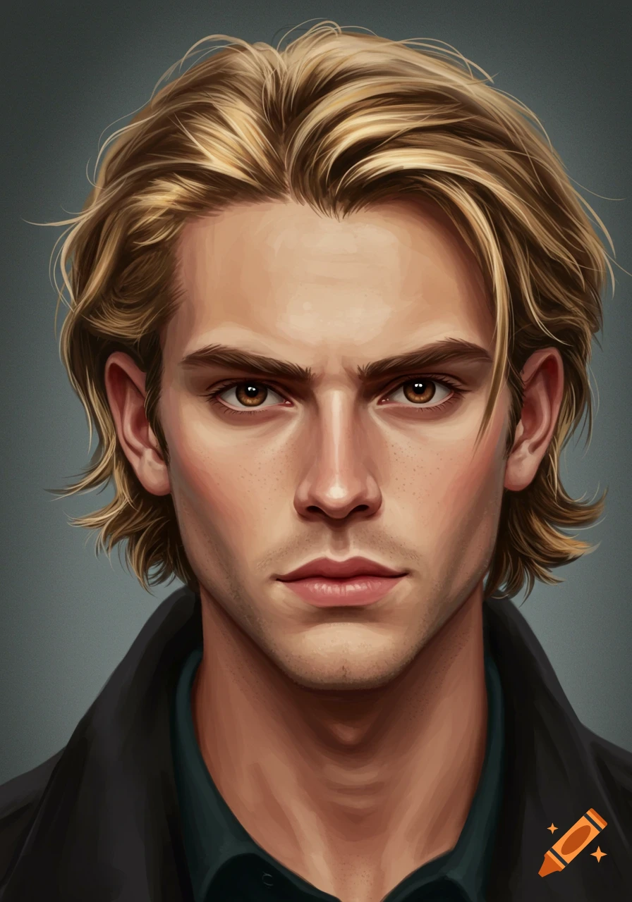 Close-up digital painting of a young man with golden blonde hair, brown eyes, and a sharp jawline.