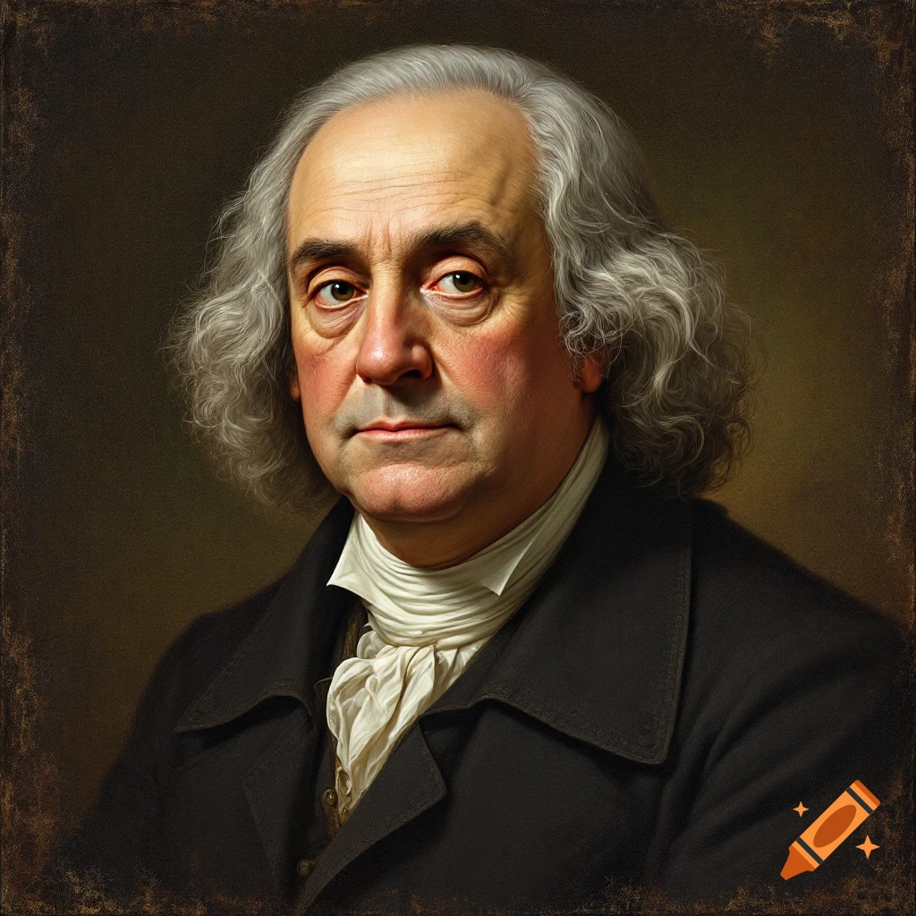 Photorealistic portrait of an older man with white hair and a white cravat, resembling Benjamin Franklin.