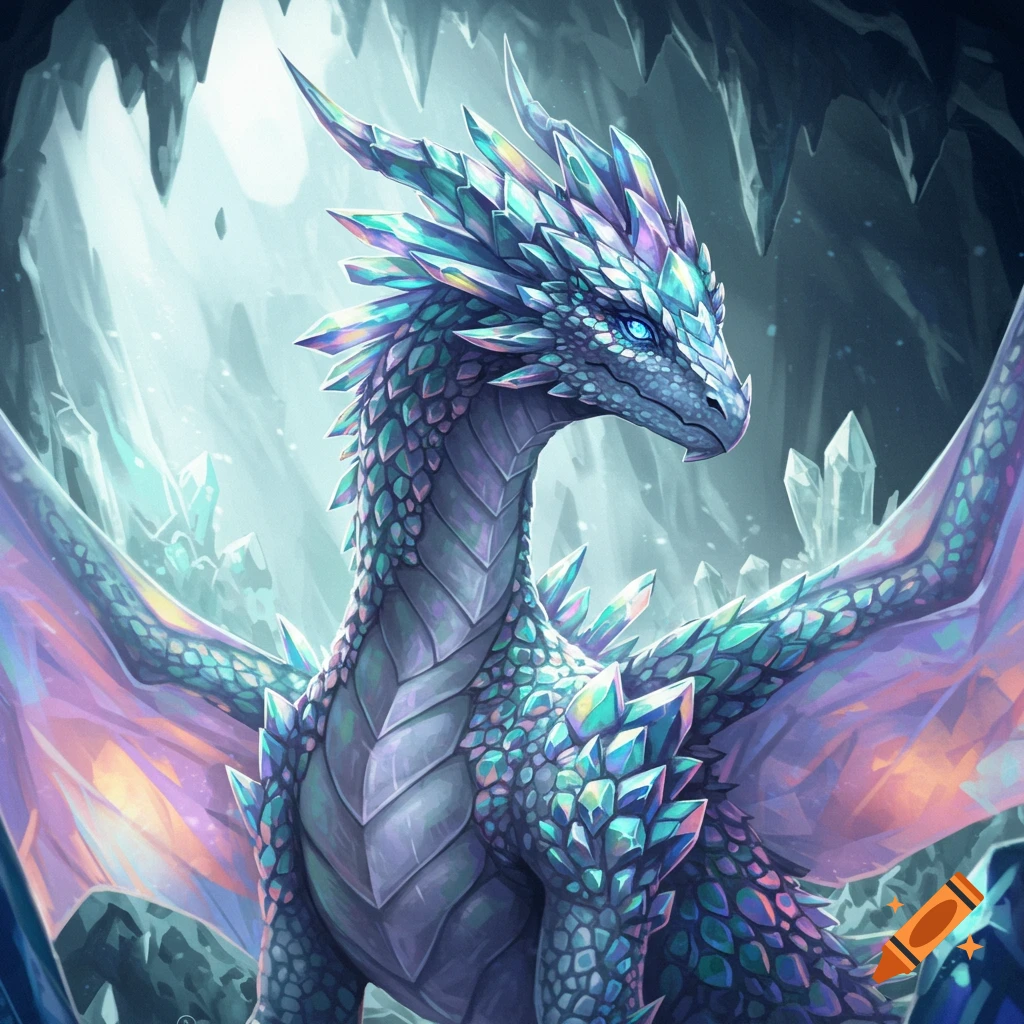 A vibrant crystal dragon with shimmering scales and sharp spikes, illuminated in a mystical icy cave with prominent crystal formations.