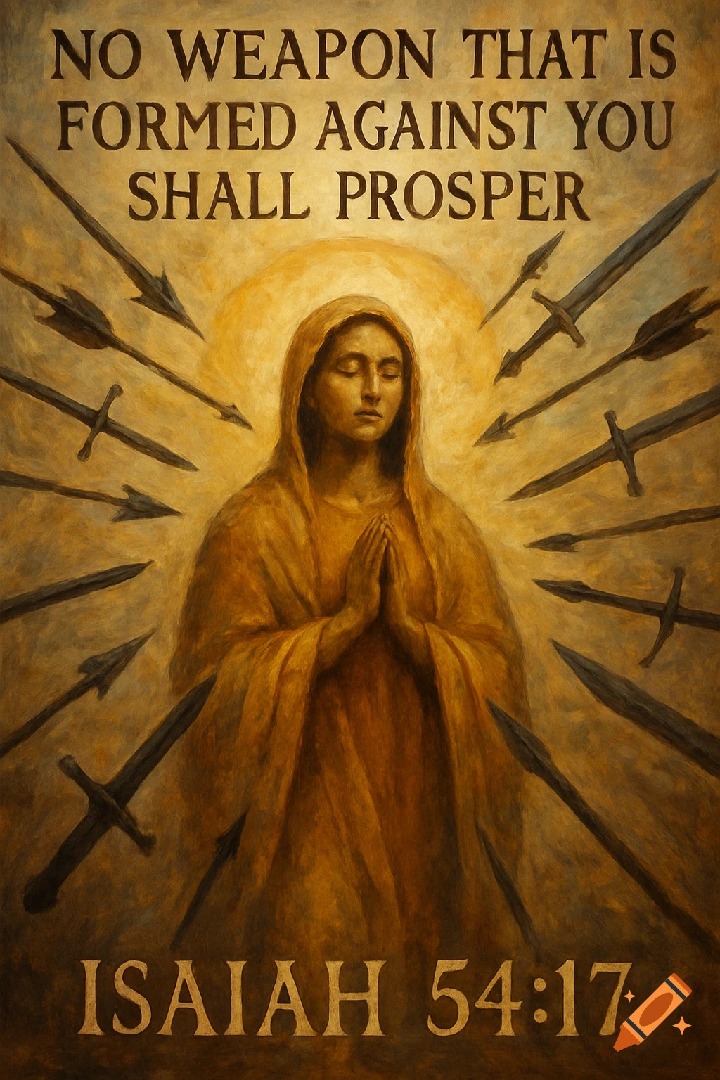 A praying woman in a golden robe with a halo, surrounded by swords and arrows, featuring the Bible verse 'NO WEAPON THAT IS FORMED AGAINST YOU SHALL PROSPER' and 'ISAIAH 54:17'.