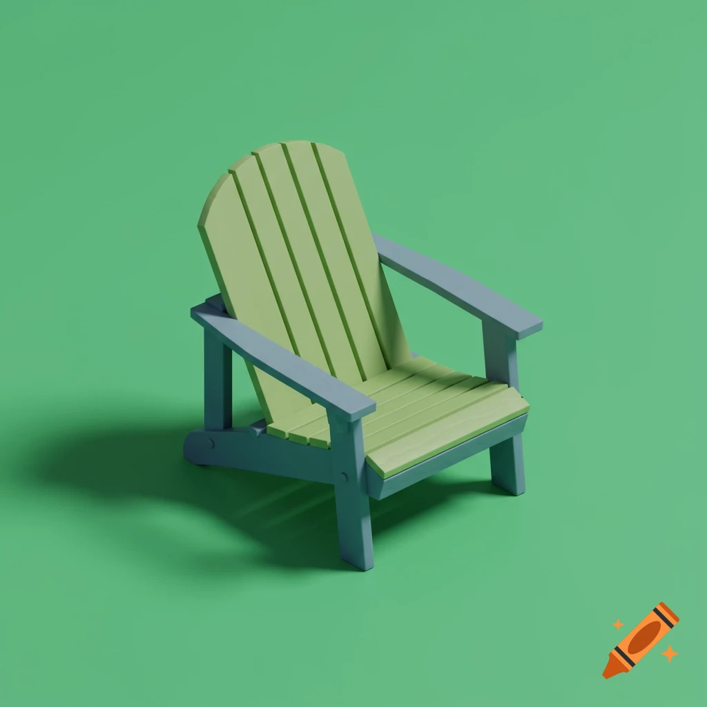 Isometric view of a green and gray Adirondack chair on a solid green background.