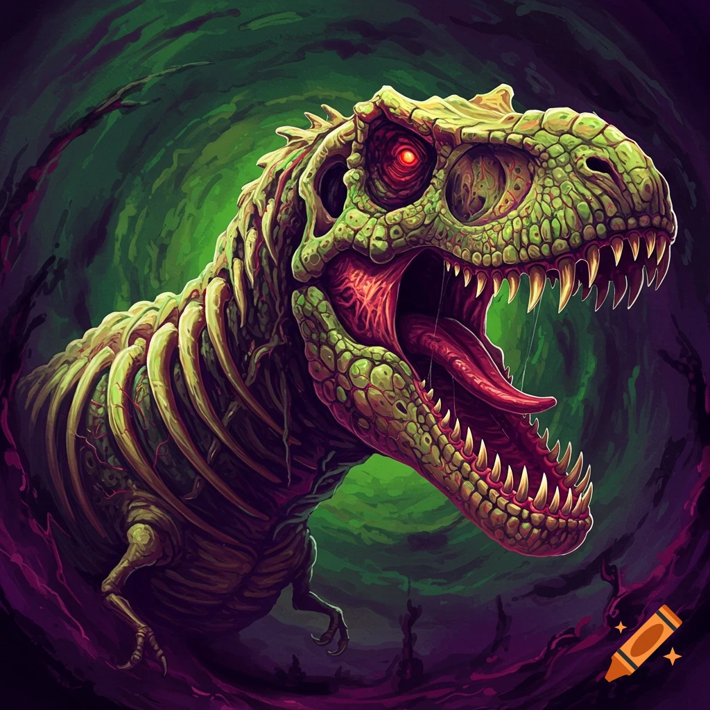 A grotesque, stylized T-Rex with a skeletal appearance, glowing red eyes, and exposed ribs, set against a dark, eerie background.