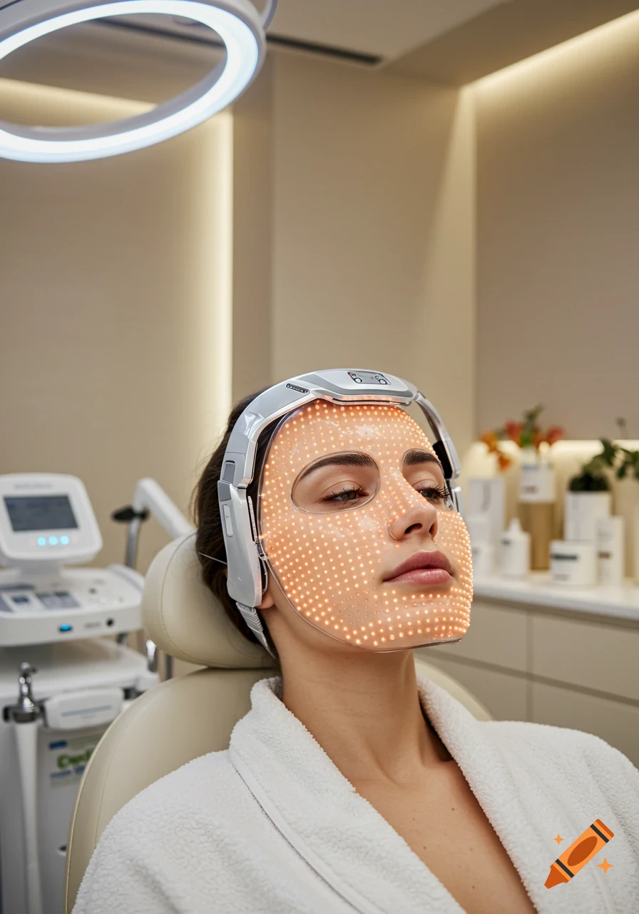 A woman in a white robe wears an LED light therapy mask on her face in a luxurious skincare clinic. Photorealistic.