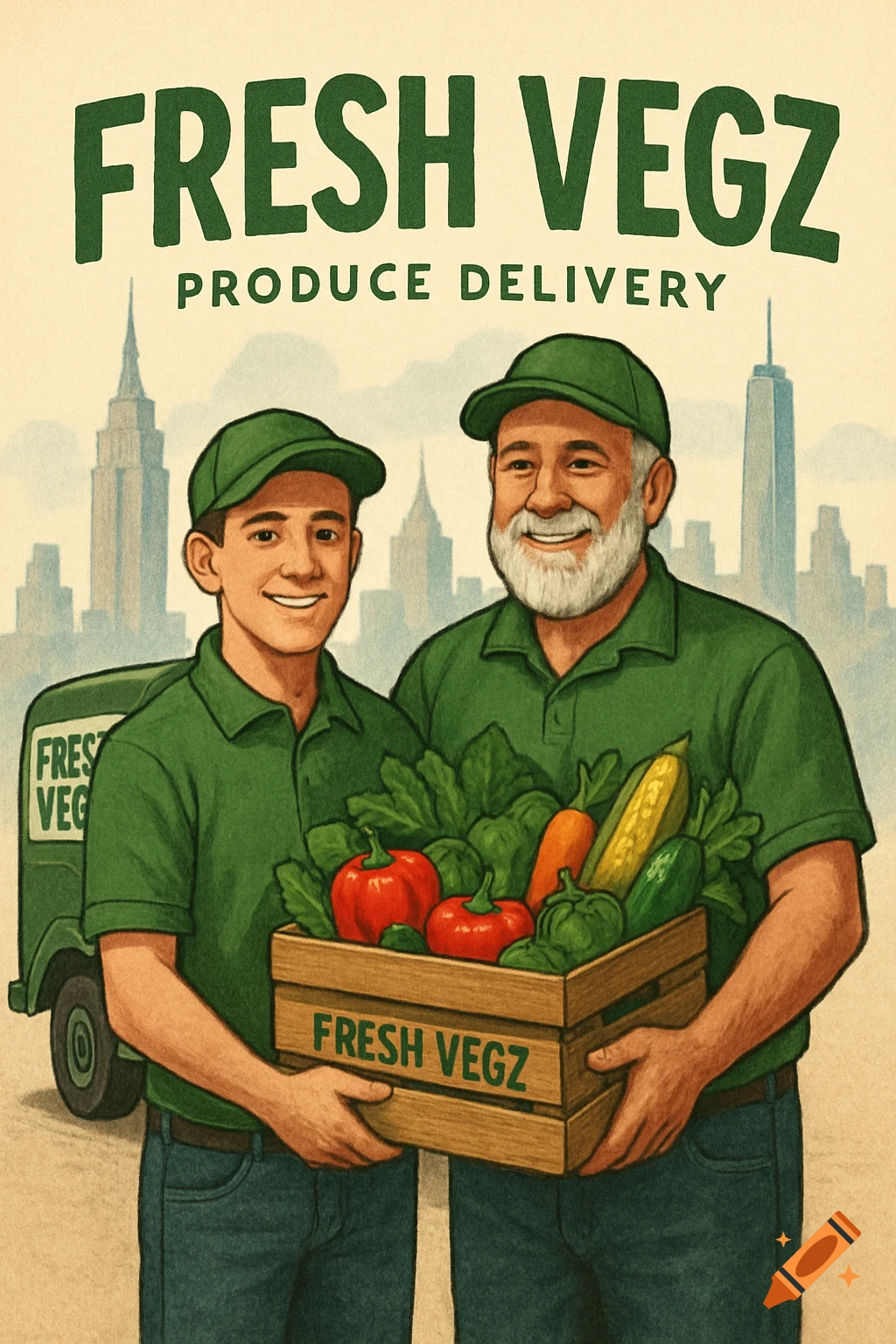 Illustration of two men in green shirts holding a crate of vegetables, with a delivery truck and city skyline.
