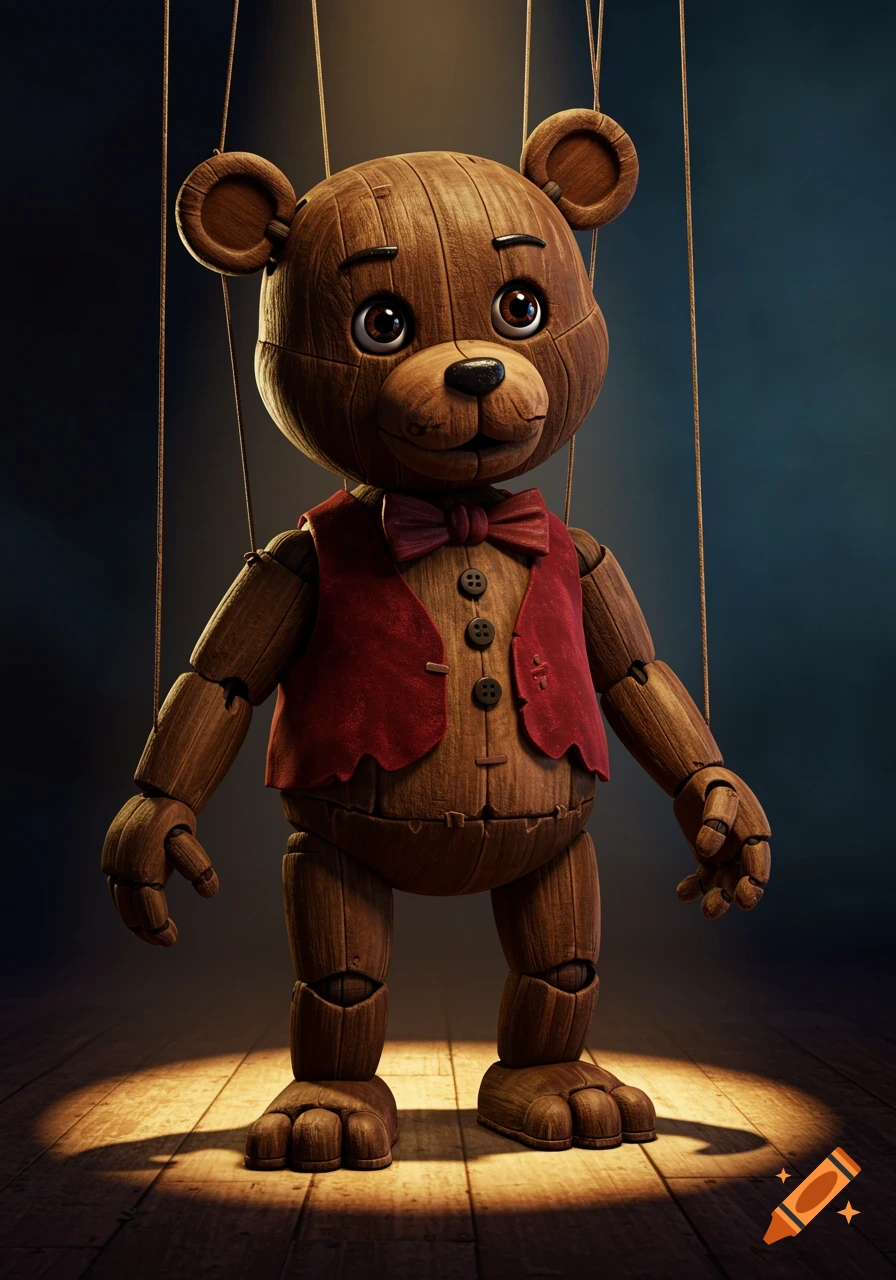 A detailed wooden marionette bear with big eyes, a red vest, and a bow tie, standing under a spotlight on a wooden stage.