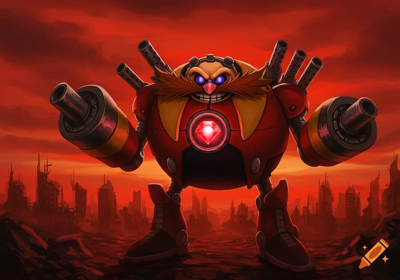 A towering Eggman-like mech with artillery arms and a red gem core stands in a destroyed city under a red sky.