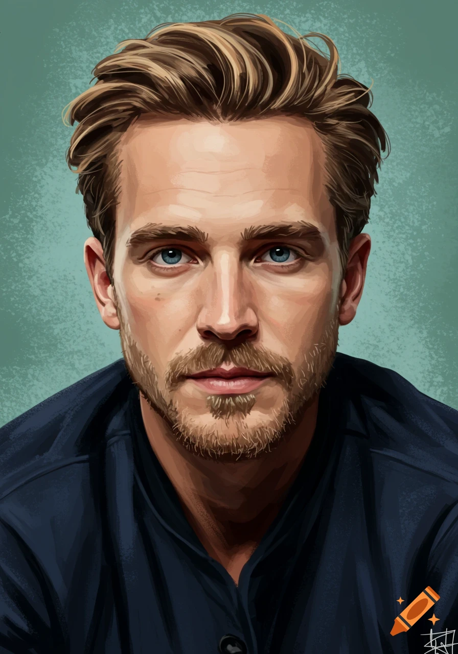 A digital painting of a man with blonde hair, blue eyes, and a beard, wearing a dark blue shirt against a teal background.
