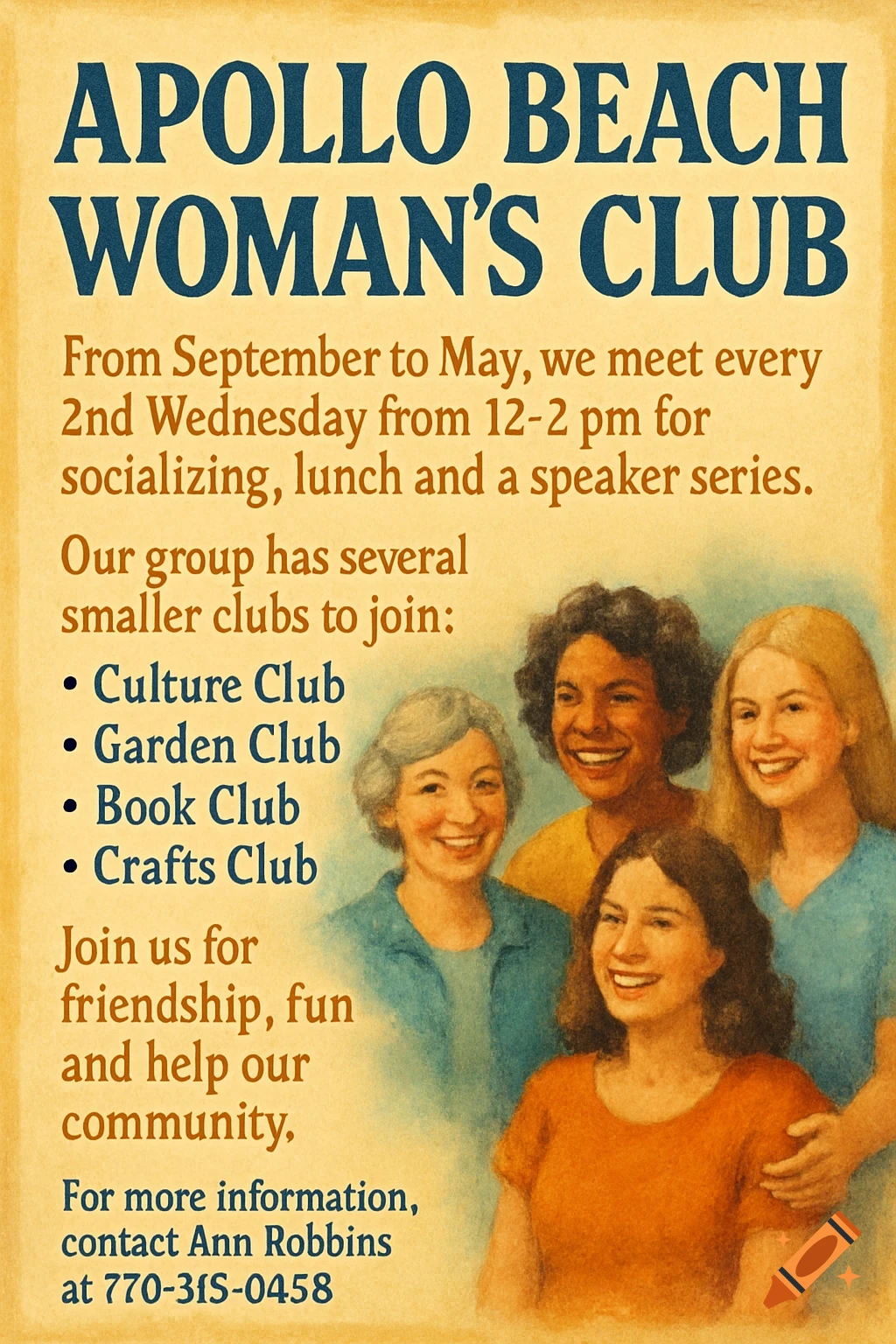 An advertisement poster for the Apollo Beach Woman's Club, featuring text about meetings and clubs, and an illustration of four smiling women.