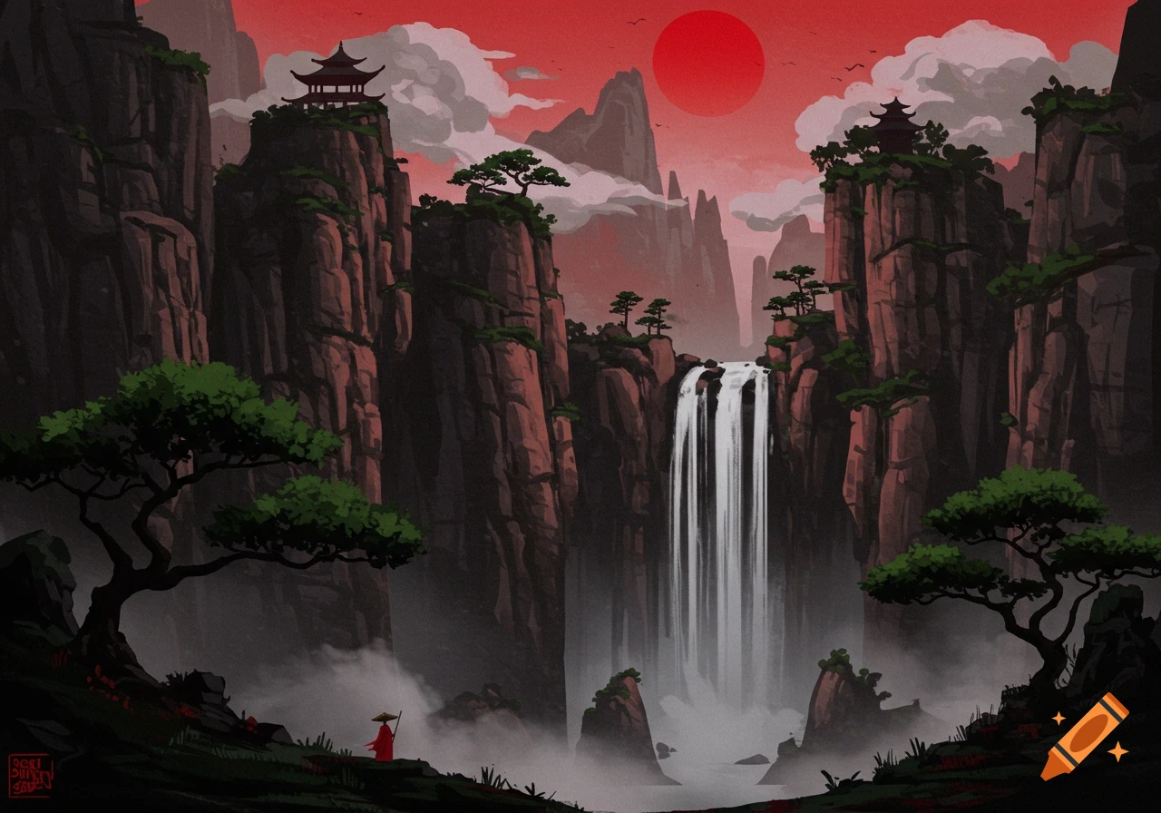Stylized Asian landscape with towering red cliffs, a large waterfall, a red sun, and a figure in a red robe walking on the left.