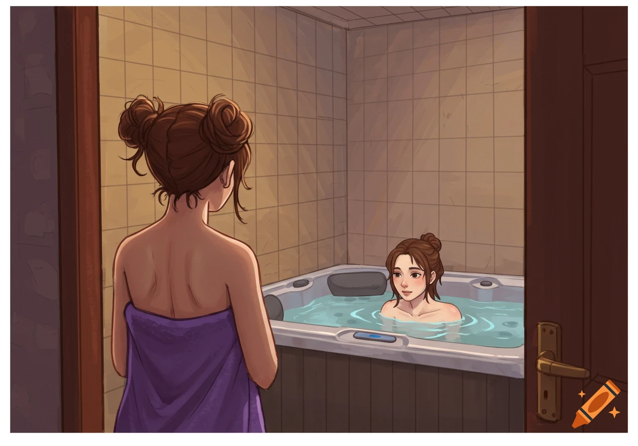A cartoon drawing of a woman in a purple towel watching her friend in a hot tub.