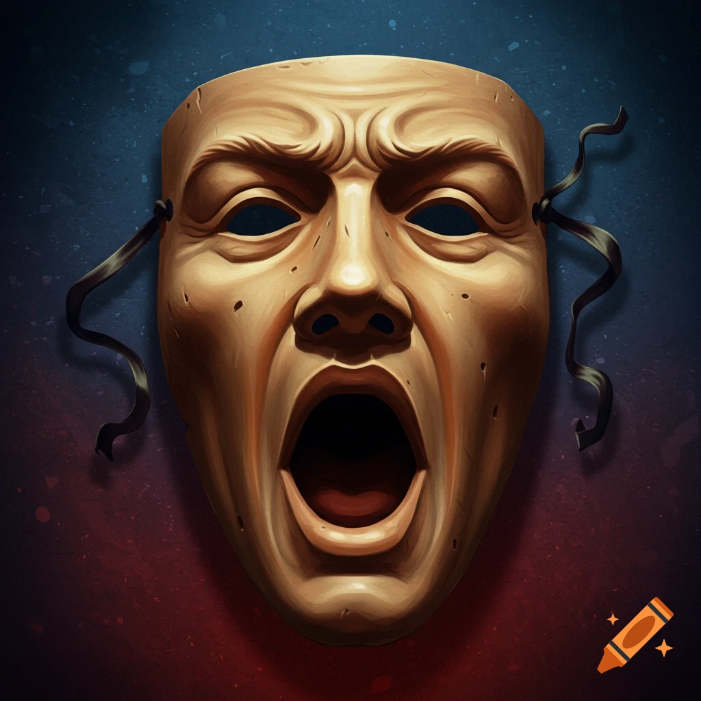 A dramatic theater mask with a wide open mouth, appearing to scream or sing, against a dark background.