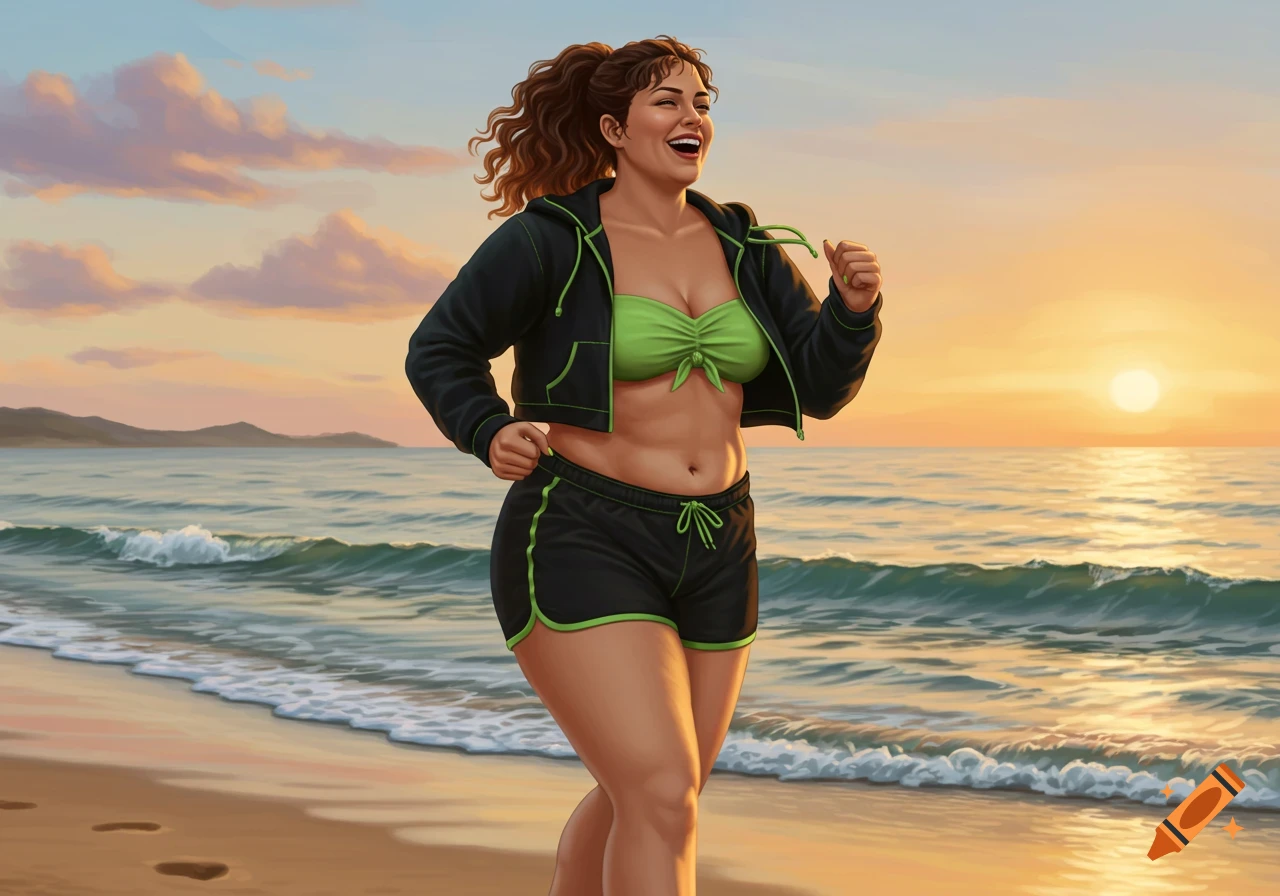 A woman with curly brown hair in a green sports bra and black shorts jogs barefoot on a beach at sunset, laughing joyfully.
