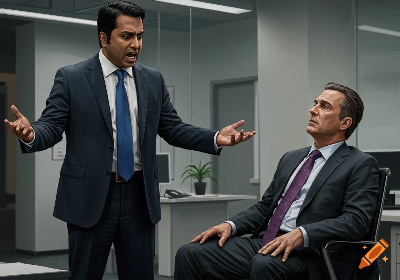 Two men in suits in an office. One stands angrily gesturing, the other sits listening passively.