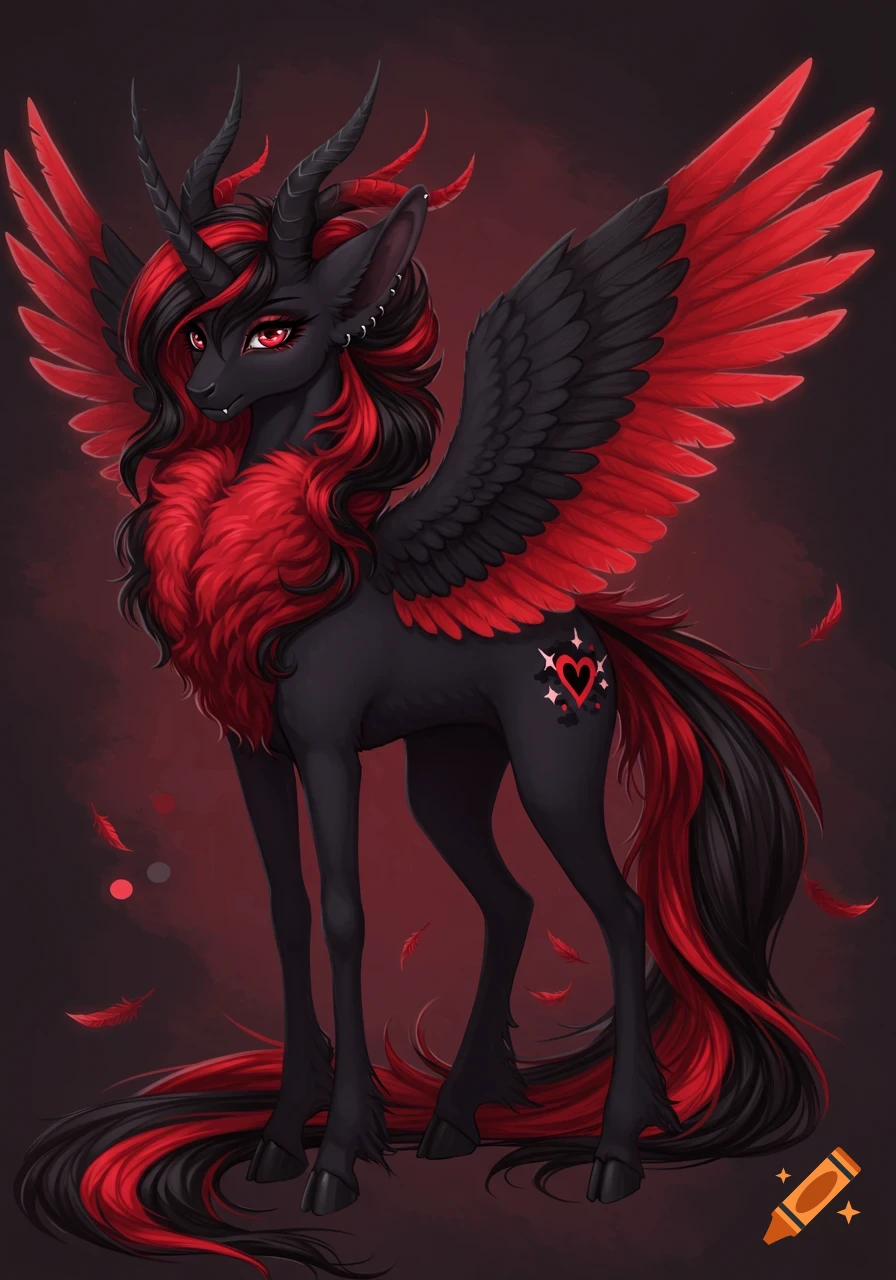 A black and red winged mythical creature with horns, a fluffy chest, and a heart cutie mark.