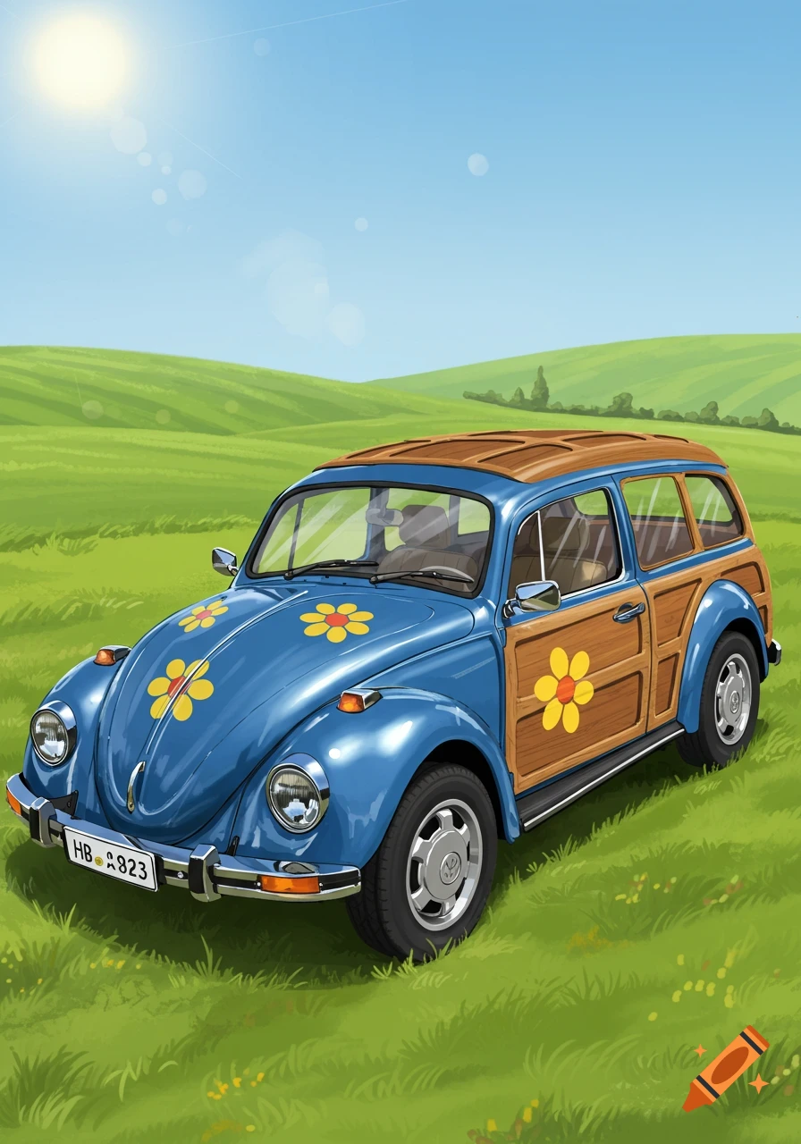 An illustration of a blue Volkswagen Beetle station wagon with wood panels and flower decals, parked in a green field under a bright sun.