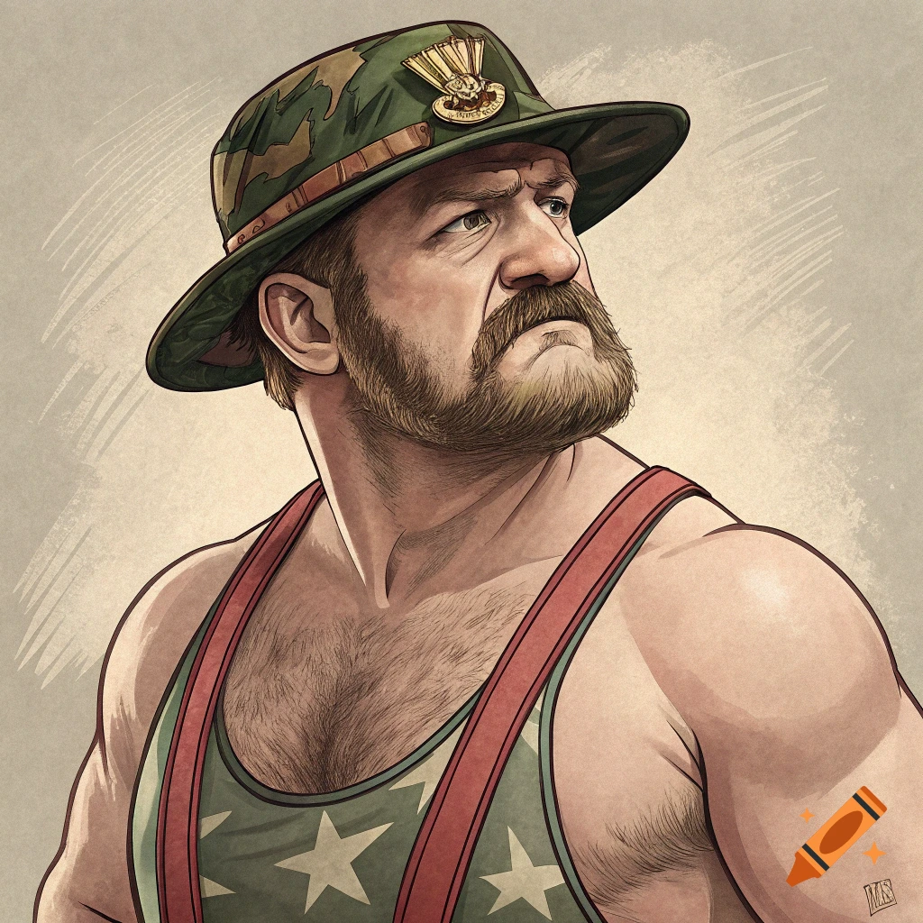 Illustrated portrait of a muscular man with a beard and mustache, wearing a camouflage hat and a star-spangled wrestling singlet.