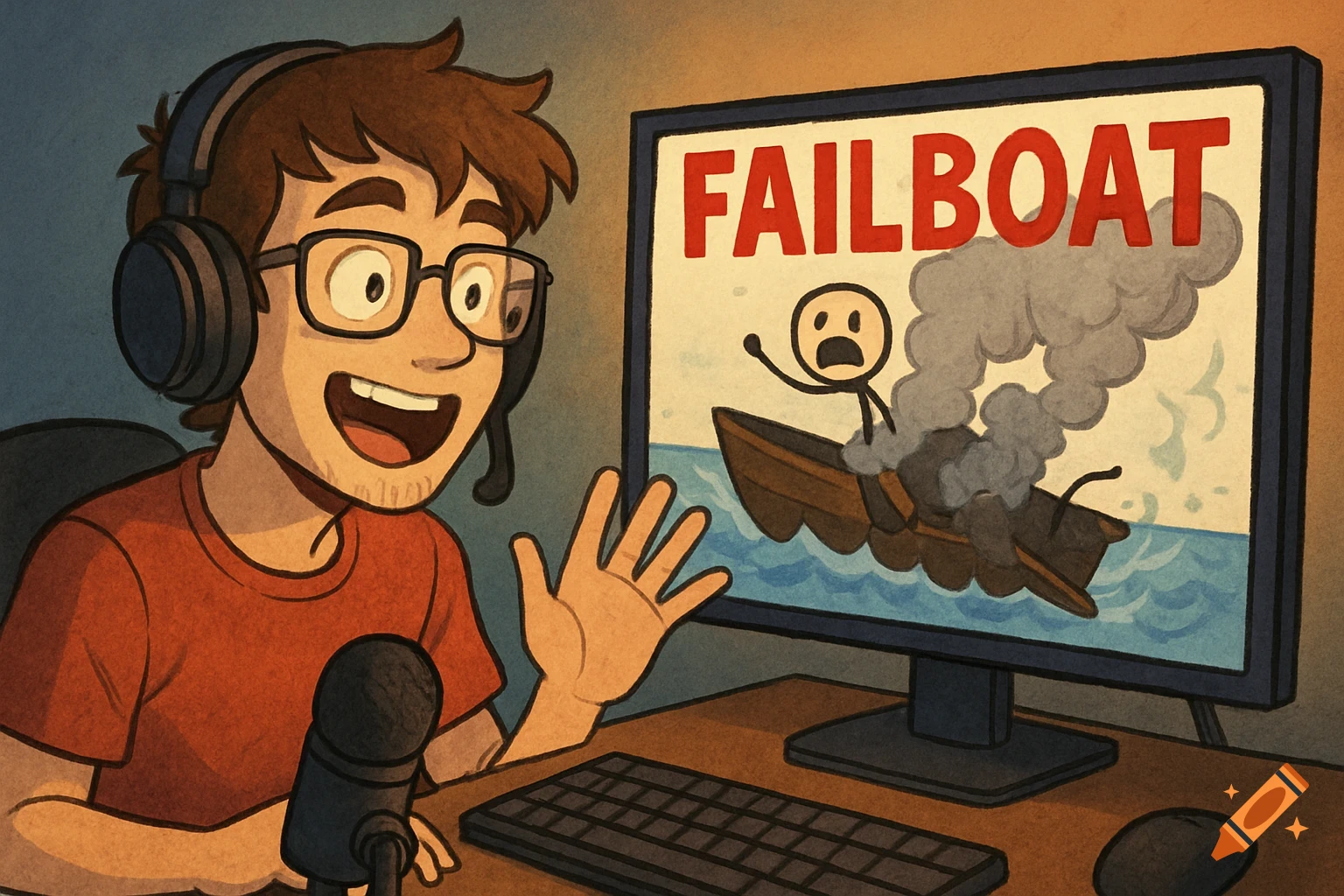 A cartoon man in headphones smiles at a computer screen showing a burning boat with a stick figure and 'FAILBOAT' text.