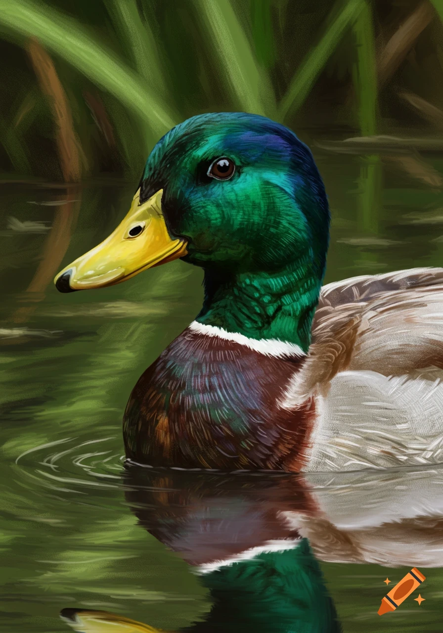 A close-up digital painting of a mallard duck with a green head and brown body, swimming in green water with reflections.